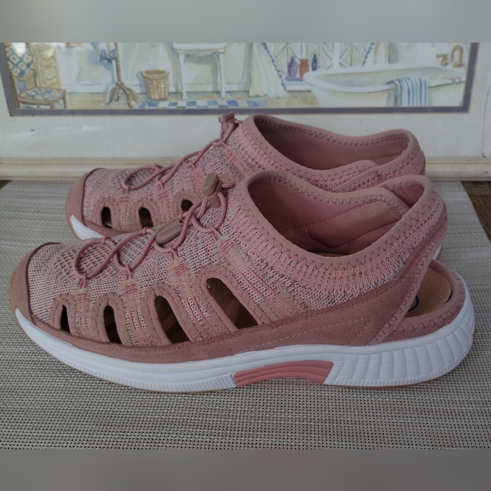 OrthoFeet "Laguna" Rose/Peach Stretch Knit Velcro Slip-On Sandals. Size 12B.